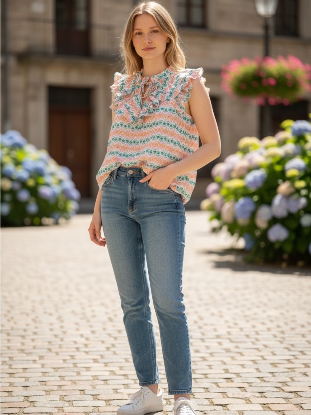Paloma Blue (Anthropology) Colorful Geometric Ruffle Blouse